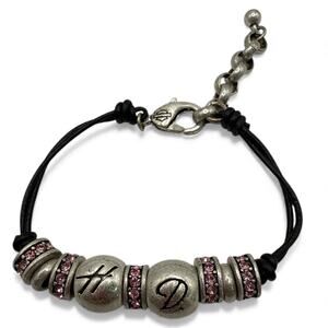Harley Davidson HD Pink Crystal Charm Bracelet - Black Cord Adjustable